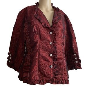 Vtg Violin Women's M Blouse Dressy Trim Festive Holiday Dark Red Sparkle Buttons